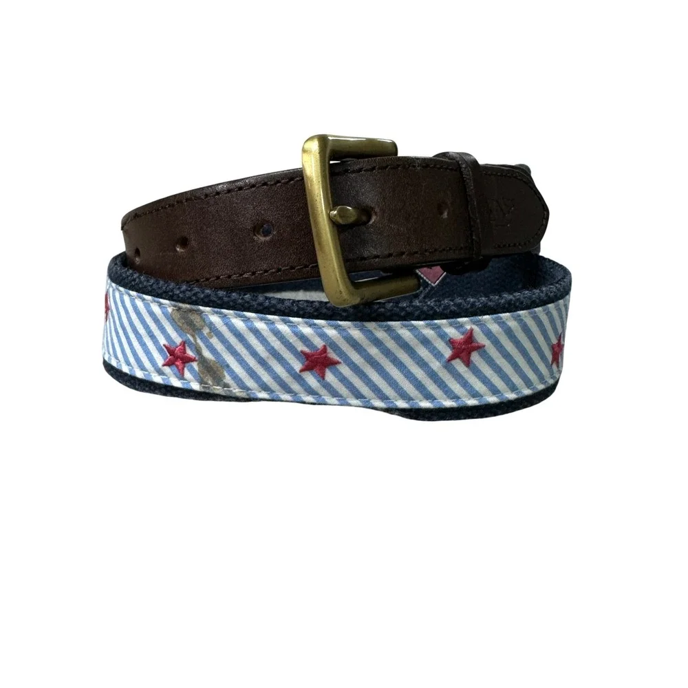 Vineyard Vines Mens 36 Striped Canvas Leather Club Belt Blue VV-1A1016 Brass